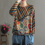 Women Vintage Casual Retro Striped Knit Sweater