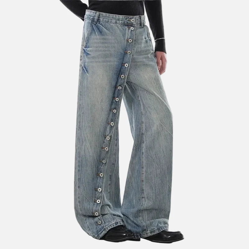 Vintage Washed Diagonal Placket Button Jeans