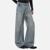 Vintage Washed Diagonal Placket Button Jeans