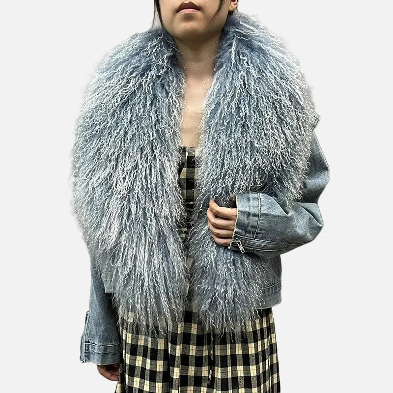 Stylish Mongolian Faux Fur Collar Denim Jacket