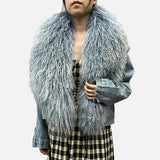 Stylish Mongolian Faux Fur Collar Denim Jacket