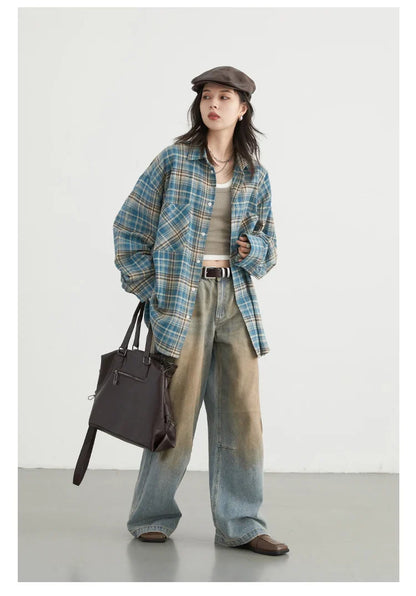 Women Streetwear Cool Color Blocked Grid Chic Cotton Shirt
