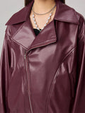 Burgundy Stylish Faux Zip-Up Leather Jacket