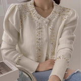 Stylish Beaded Bubble Sleeve Knit Cardigan