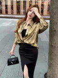 Women Classic Luxury Golden Color Long Sleeve Shirt