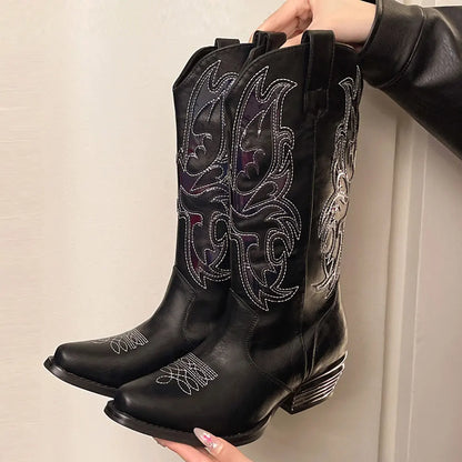 Vintage Black Embroidered Cowboy Zipper Boot