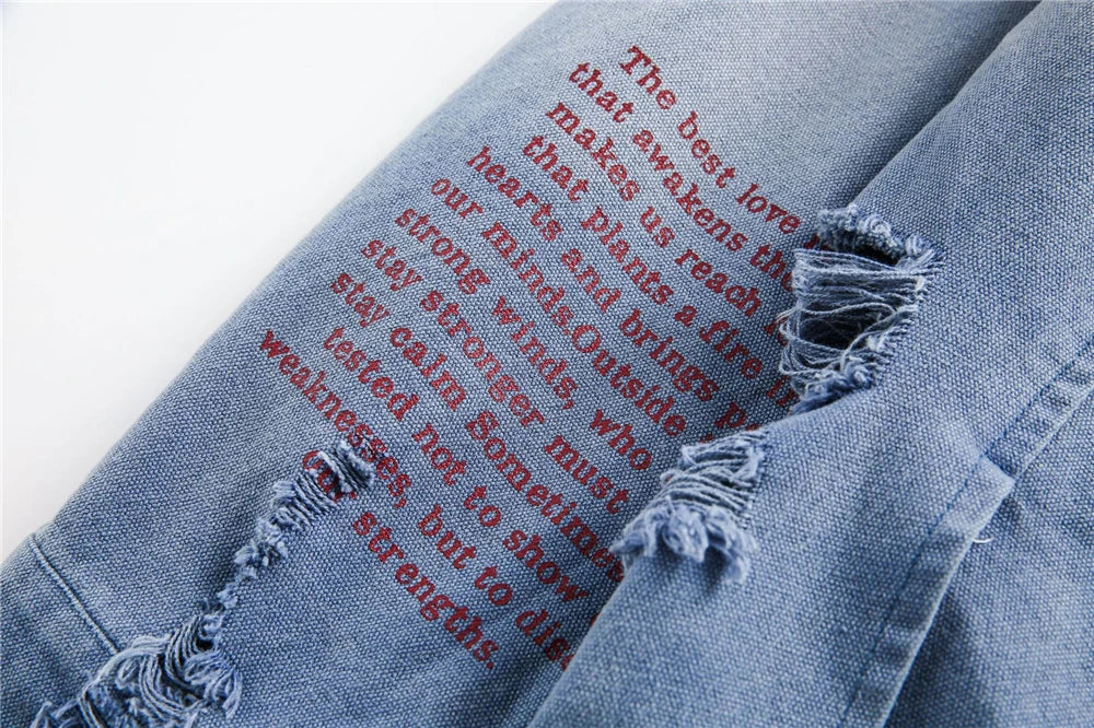 Trendy Streetwear Blue Distressed Denim Jacket