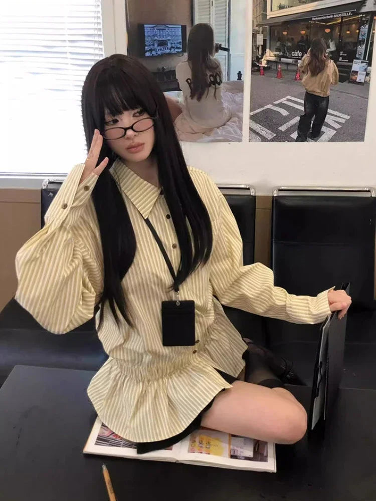Yellow Striped Patchwork Pleated Dress Shirt