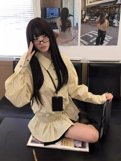 Yellow Striped Patchwork Pleated Dress Shirt