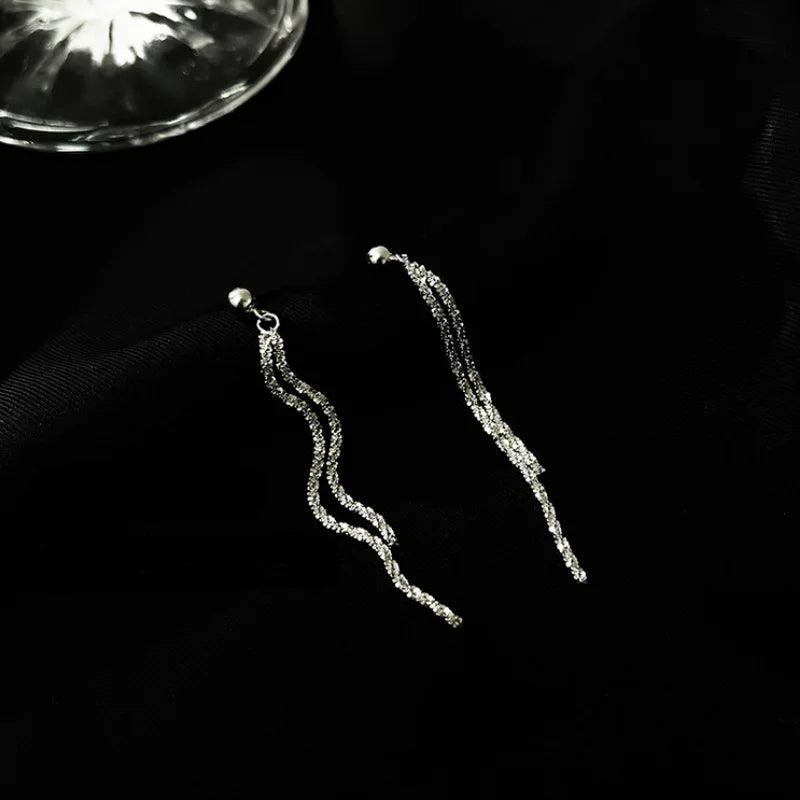 Trendy Chic Silver Tassel Long Earrings