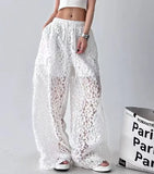 Women Solid Color Lace Hollow Wide Leg Pants