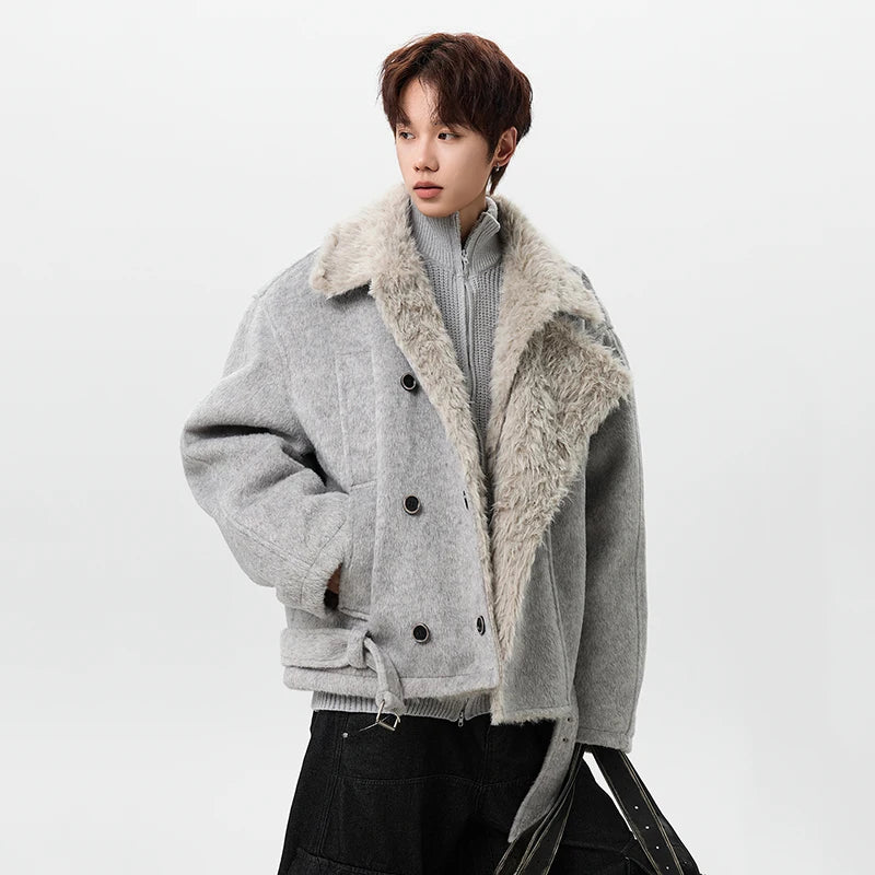 Soft Korean Faux Fur Patchwork Belt Jacket