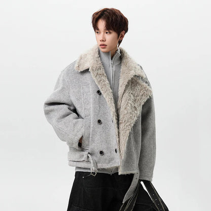 Soft Korean Faux Fur Patchwork Belt Jacket