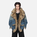 Y2K Washed Distressed Denim Padded Fur Jacket