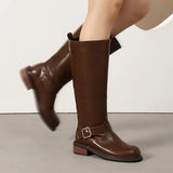 Retro Square High Heels Knee Leather Boots
