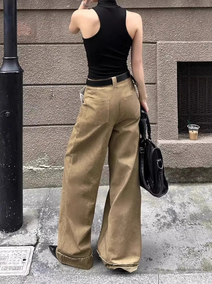 Effortless Cool Retro Khaki Wide Leg Jeans