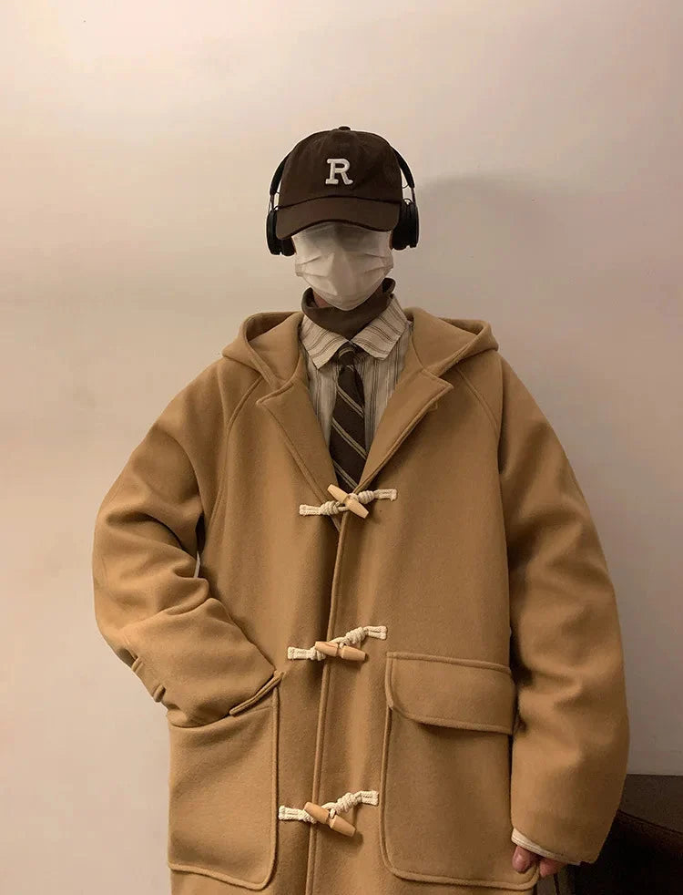 Vintage Horn Buckle Woolen Hooded Coat