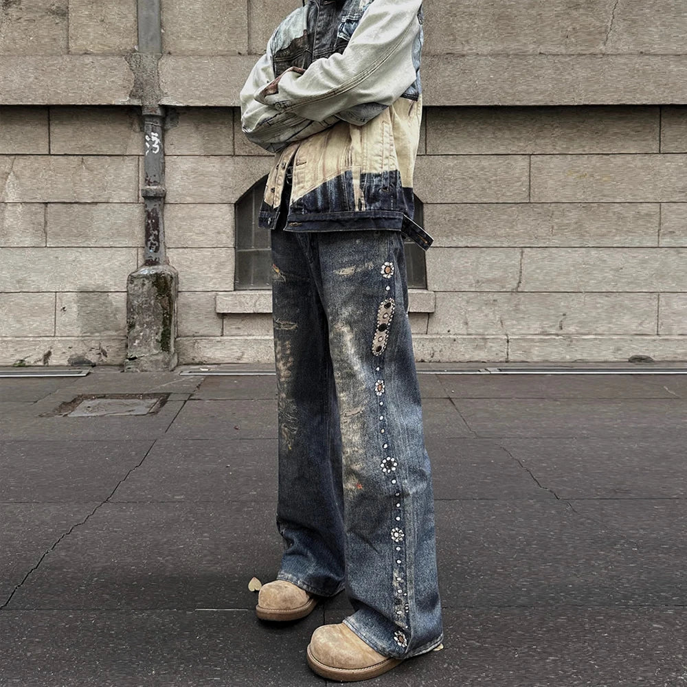 Vintage Digital Printed Distressed Jeans