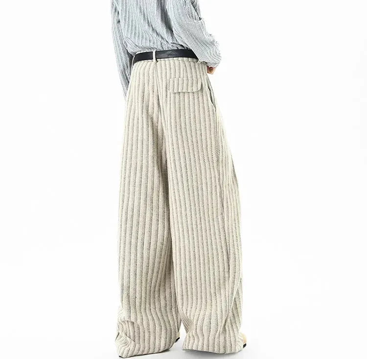 Striped Solid Color Woolen Pleated Wide Leg Pants