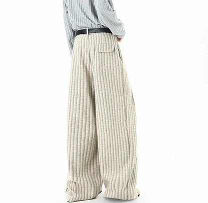 Striped Solid Color Woolen Pleated Wide Leg Pants