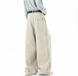 Striped Solid Color Woolen Pleated Wide Leg Pants