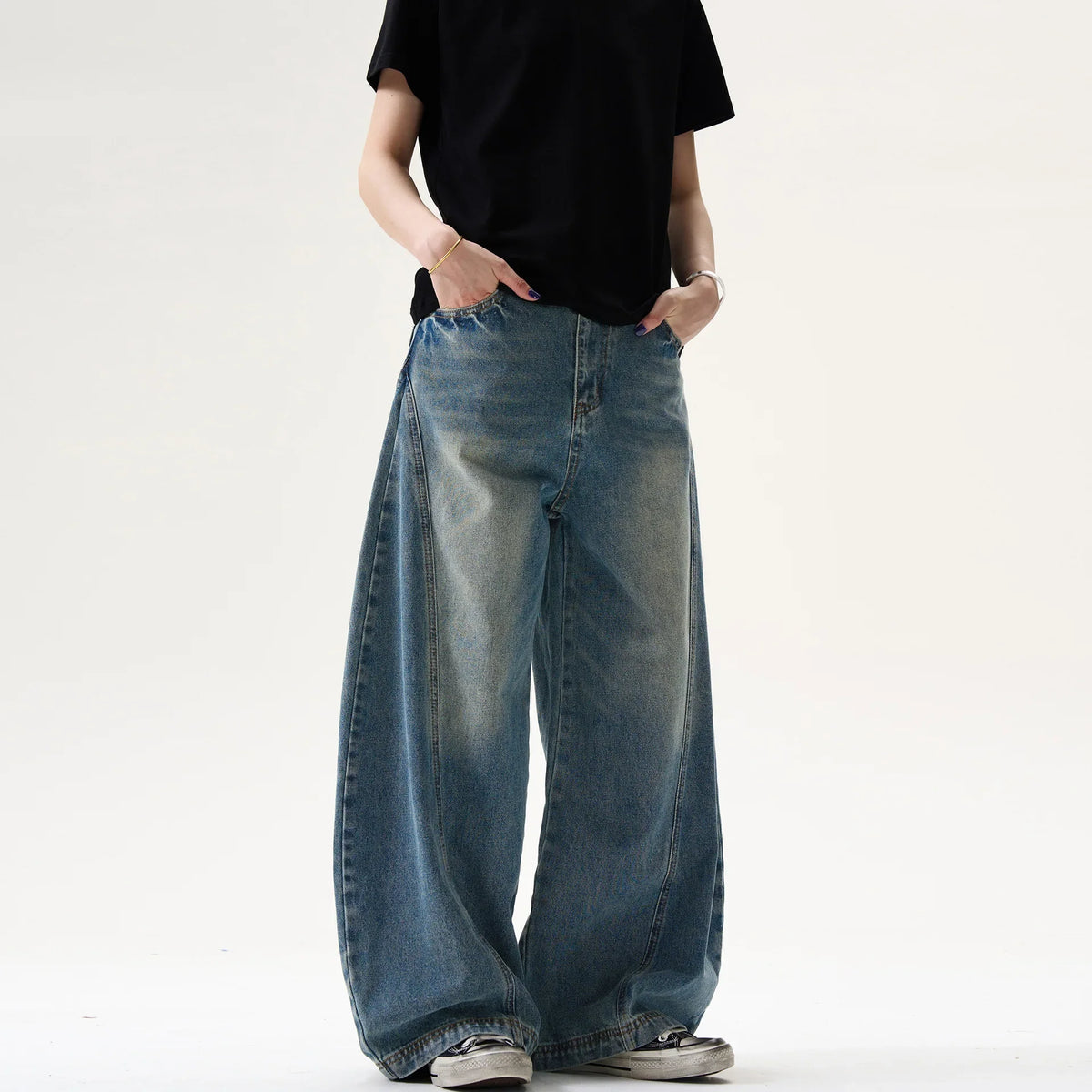 Effortless Cool Retro Pleated Printed Wide Leg Jeans