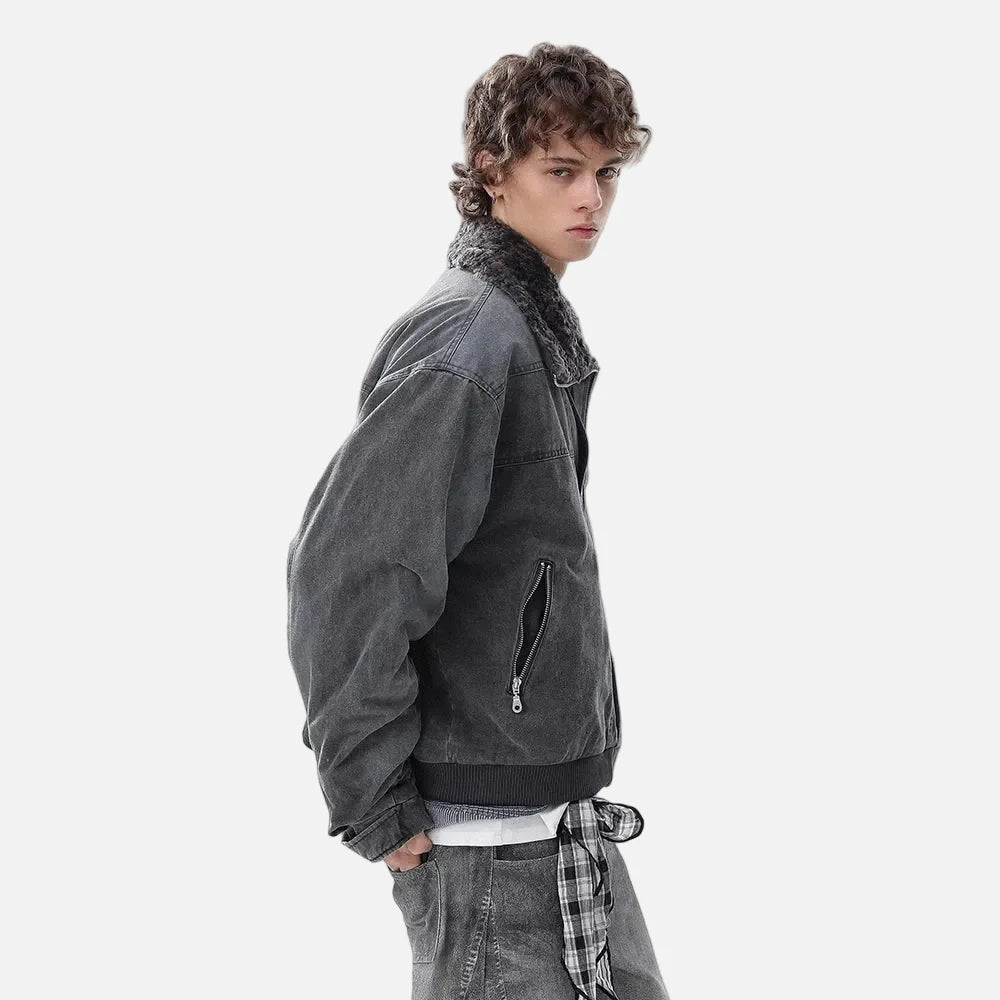 Vintage Distressed Denim Padded Fur Collar Jacket