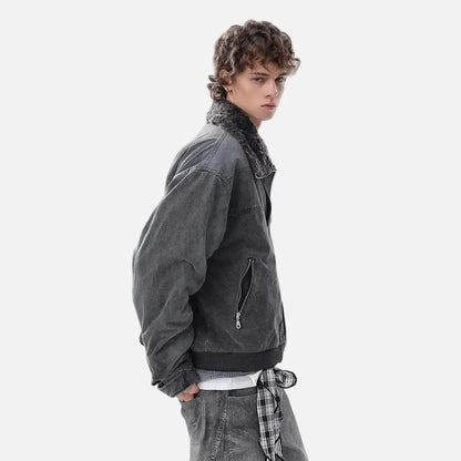 Vintage Distressed Denim Padded Fur Collar Jacket