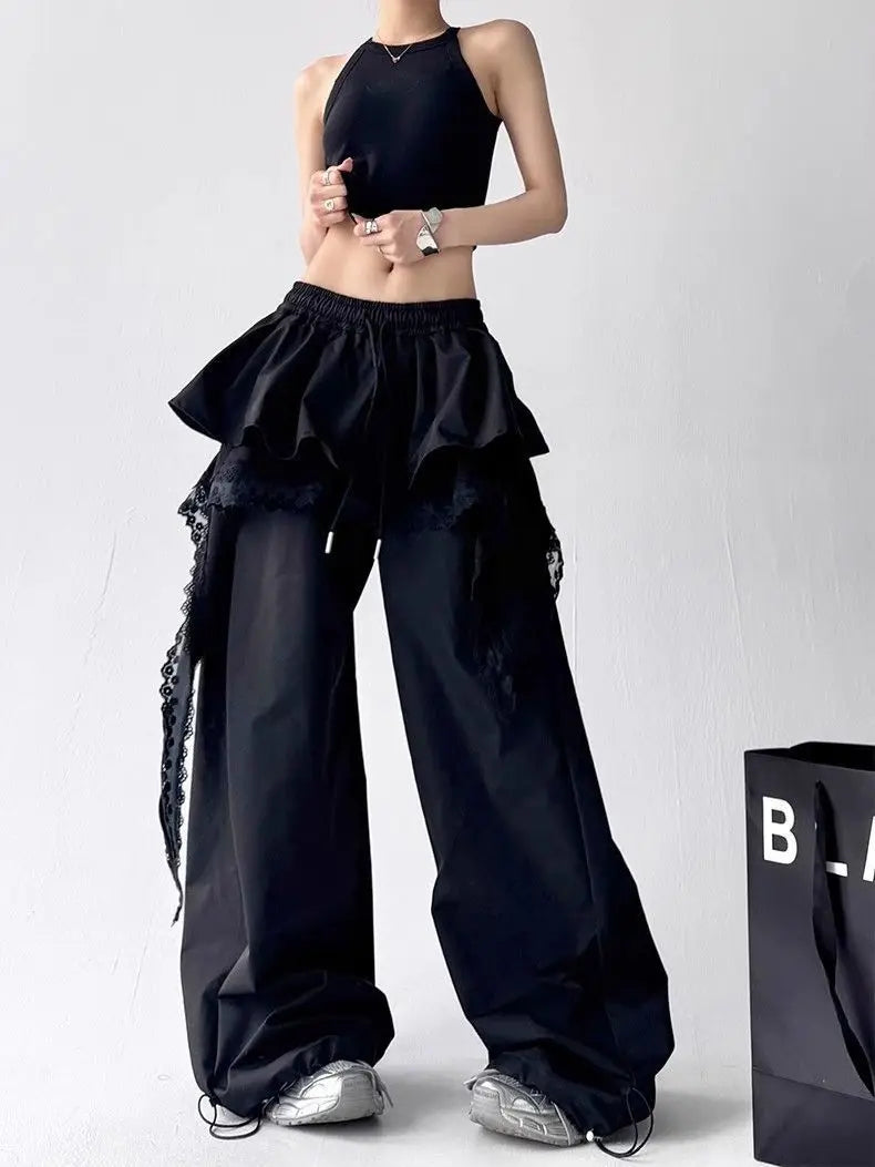 Contrasting Color Patchwork Lace Wide Pants