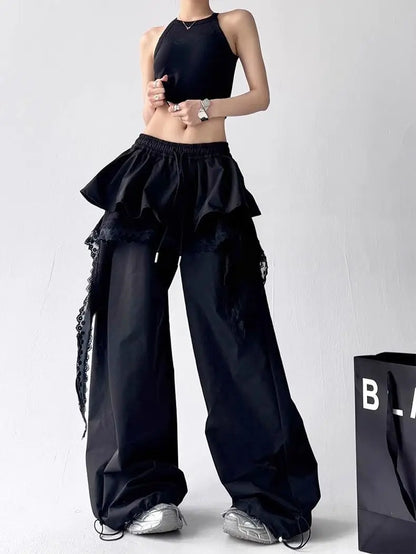 Contrasting Color Patchwork Lace Wide Pants