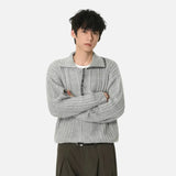 Korean Style Turn Down Collar Half Open Knitted Sweater