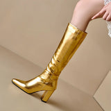 Elegant Metallic Zipper Knee High Leather Boots