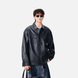 Trendy Faux Leather Lapel Button Jacket