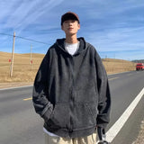 Solid Distressed Washed Zipper Hooded Sweatshirt