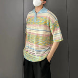 Versatile Gradient Striped Knit Polo Sweater