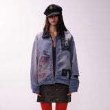 Trendy Streetwear Blue Distressed Denim Jacket