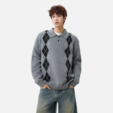 Y2K Diamond Pattern Polo Neck Knitted Sweater