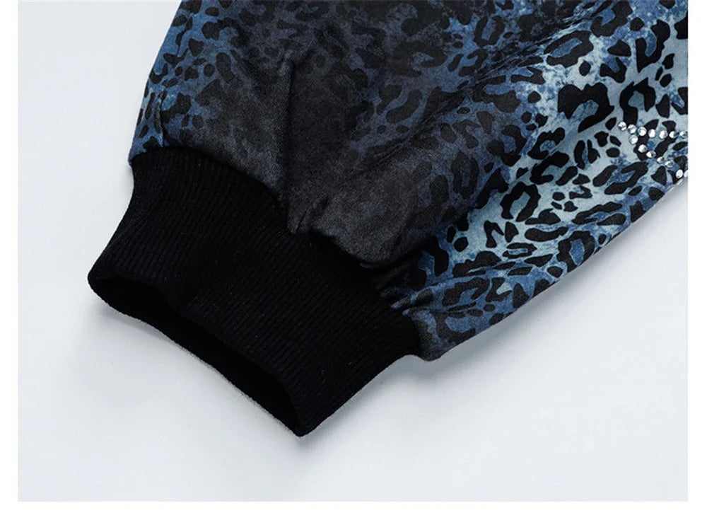 Insulated Leopard Rhinestone Zip-Up Hooded Sweatshirt