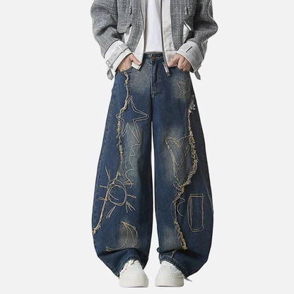 Raw Edge Printing Contrast Color Wide Leg Jeans