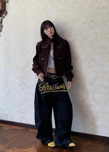 Y2K Korean Style Letter Print Denim Jeans