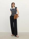 Women Casual Striped Knit Sleeveless Button Collar T-Shirt