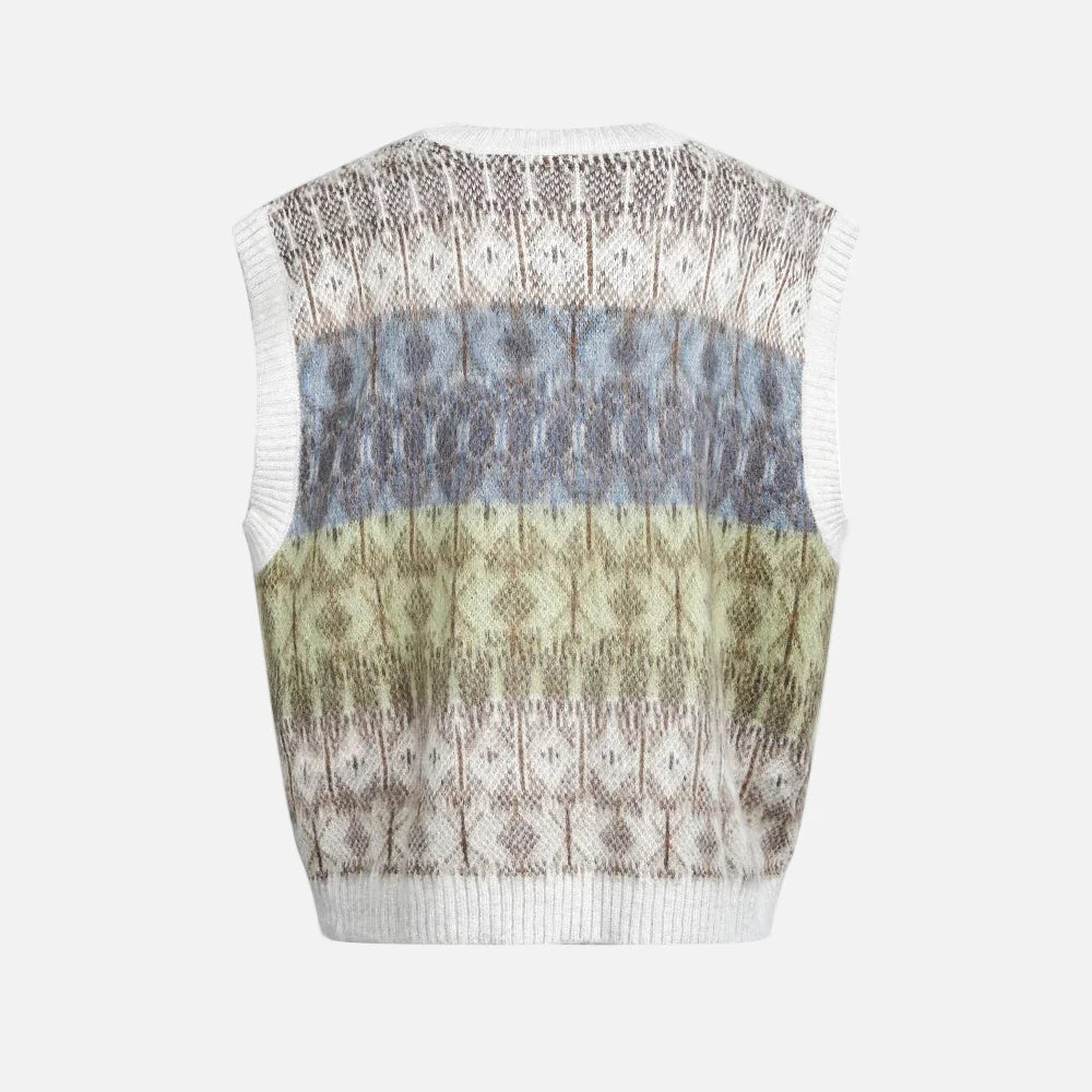 Jacquard Mohair Knitted V-Neck Sleevless Sweater