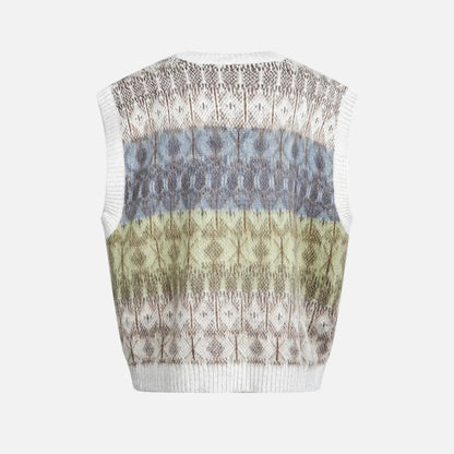 Jacquard Mohair Knitted V-Neck Sleevless Sweater