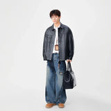 Trendy Faux Leather Lapel Button Jacket