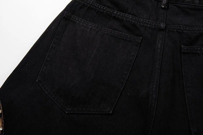 Trendy Leopard Patchwork Black Denim Jeans