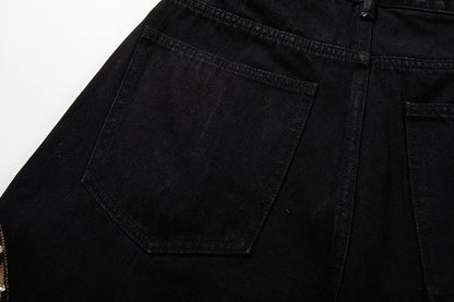 Trendy Leopard Patchwork Black Denim Jeans