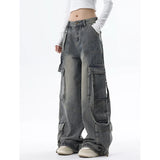 Women Gray High Waist Wide Leg Blue Baggy Jeans