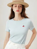 Cherry Embroidered Scalloped T-Shirt