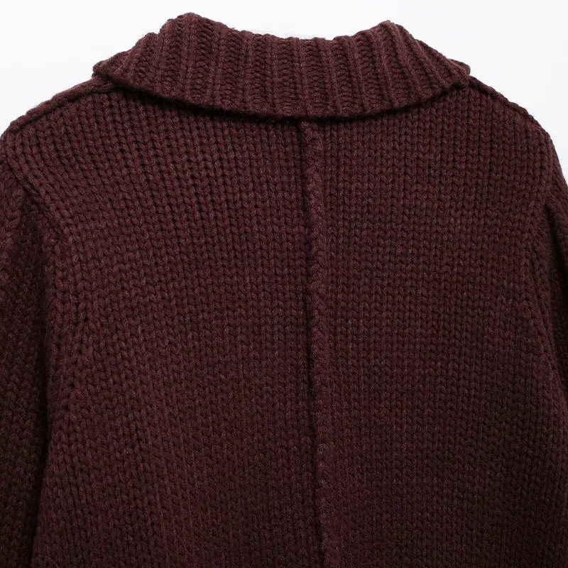 Fashionable Wine Red Knitted Lapel Neck Cardigan