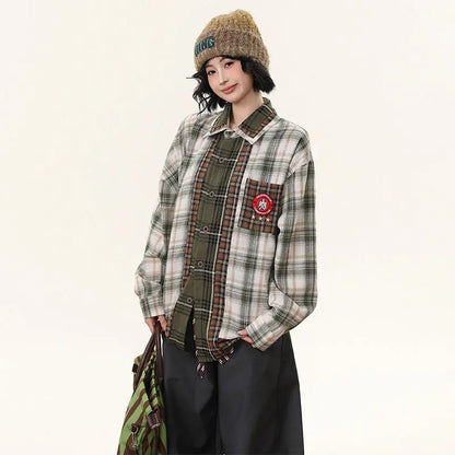 Checkered Patchwork Long Sleeve Shirt
